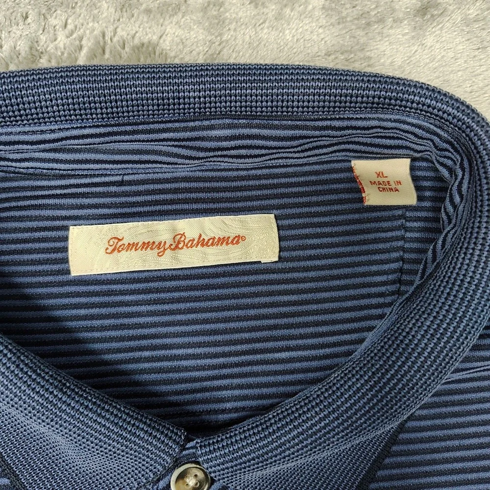 Tommy Bahama Polo Shirt Mens XL Blue‎ Ribbed Long Sleeve Marlin Logo Knit